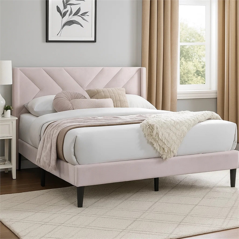 Niasa Full Size Bed-Chevron Tufted Pink Velvet Upholstered Foam