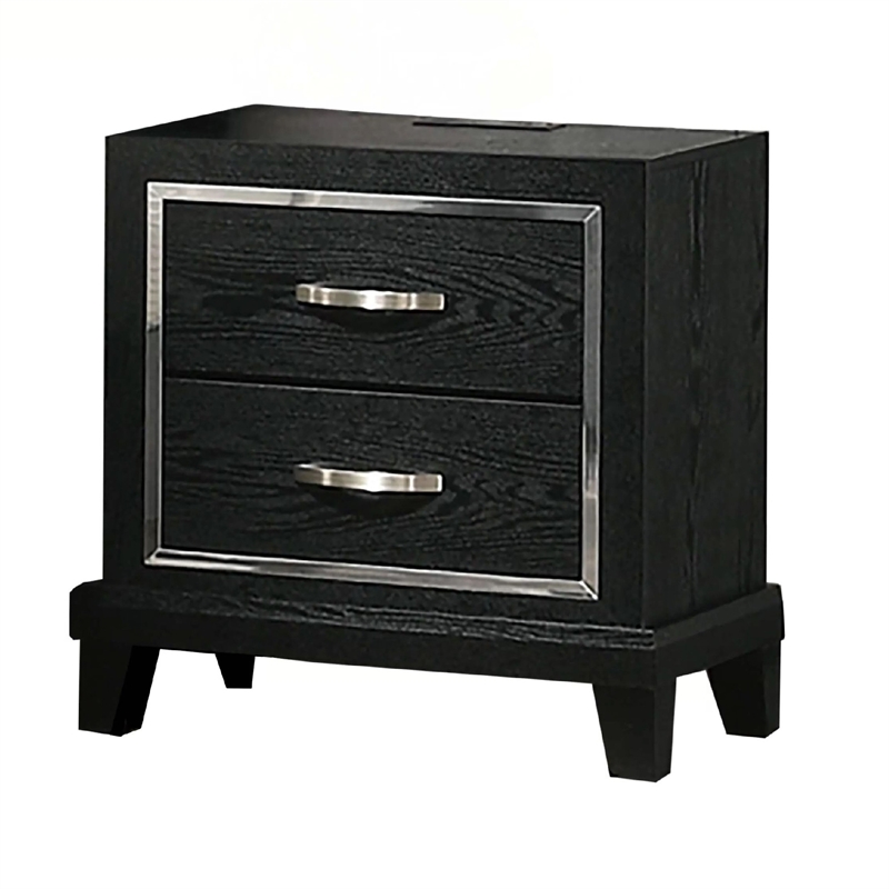 Nightstand with Charging Station-2 Drawers-Black Rubberwood 24 Inch