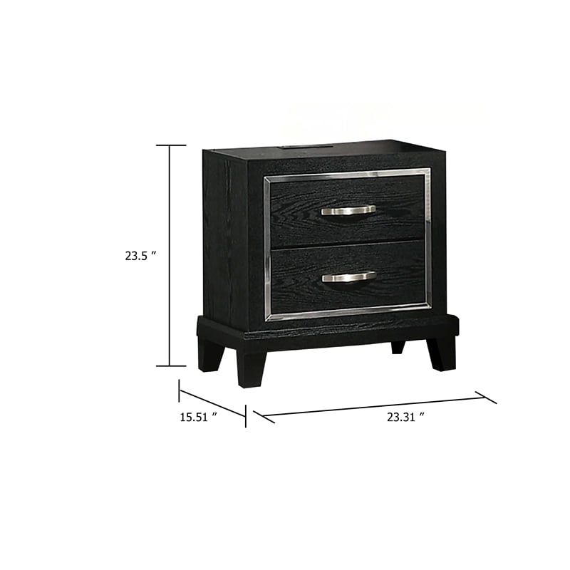 Nightstand with Charging Station-2 Drawers-Black Rubberwood 24 Inch