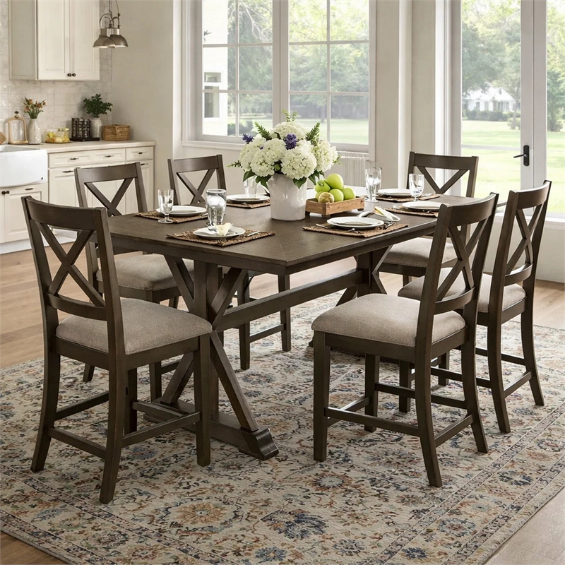 Omal Counter Height Dining Table-Khaki Brown 71 Inch Top-Trestle Base