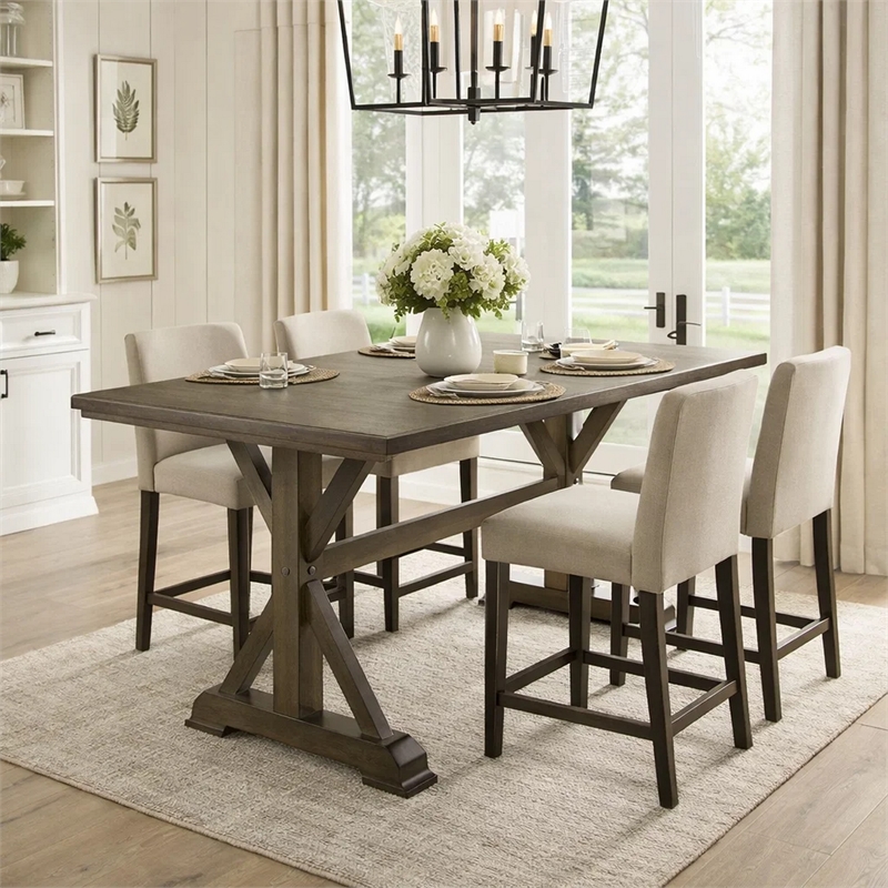 Omal Counter Height Dining Table-Khaki Brown 71 Inch Top-Trestle Base