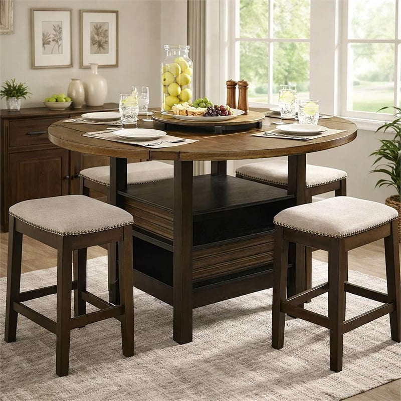 Kimberly Counter Height Table w Lazy Susan-5 Shelves-Black-Baked Brown