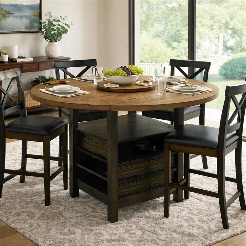 Kimberly Counter Height Table w Lazy Susan-5 Shelves-Black-Baked Brown