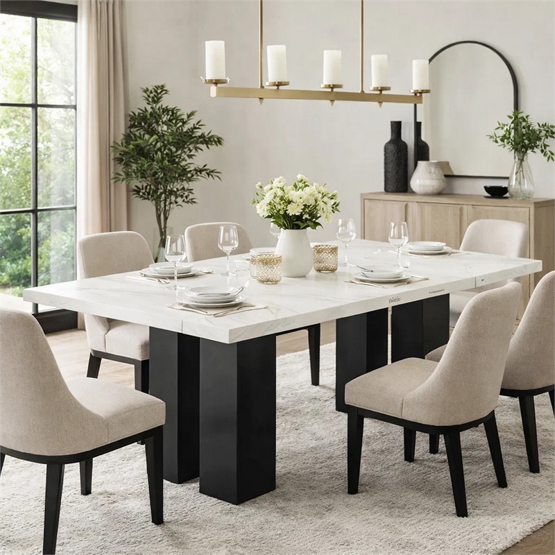 Riac Dining Table-68 Inch-White Faux Marble Top-Black Panel Legs
