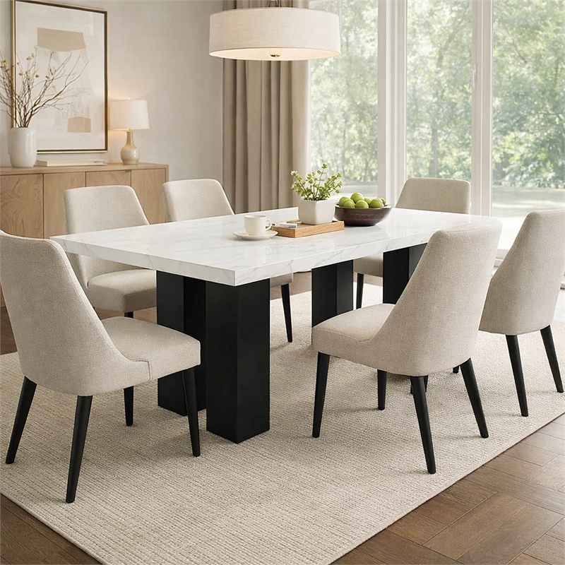 Riac Dining Table-68 Inch-White Faux Marble Top-Black Panel Legs