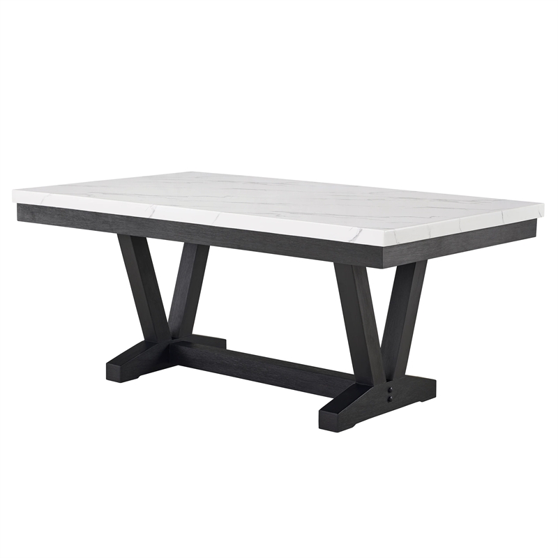 Vinz Dining Table-72 Inch White Faux Marble Top-Black Trestle Base
