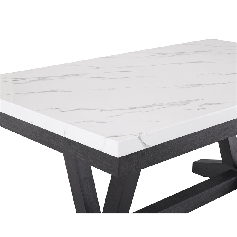Vinz Dining Table-72 Inch White Faux Marble Top-Black Trestle Base