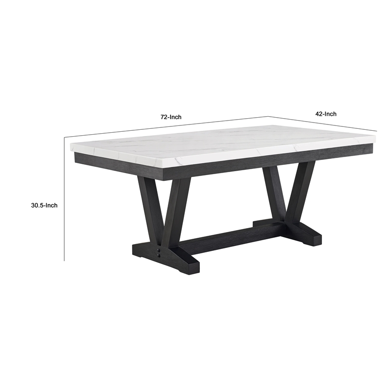 Vinz Dining Table-72 Inch White Faux Marble Top-Black Trestle Base