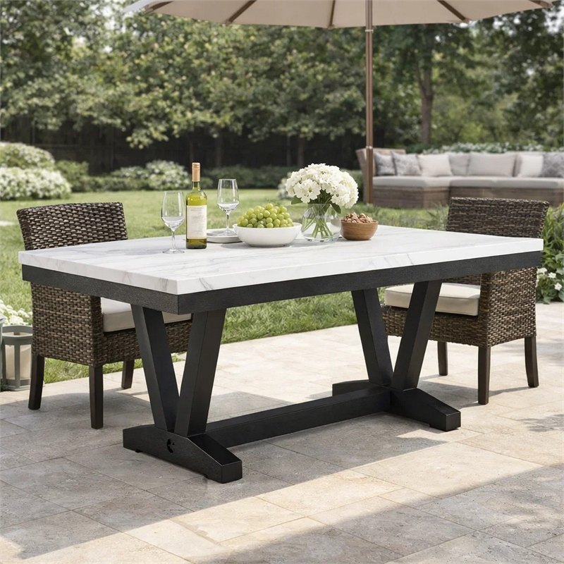 Vinz Dining Table-72 Inch White Faux Marble Top-Black Trestle Base