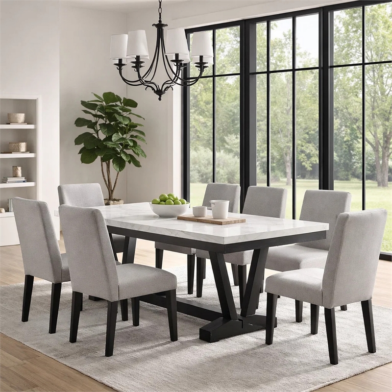 Vinz Dining Table-72 Inch White Faux Marble Top-Black Trestle Base