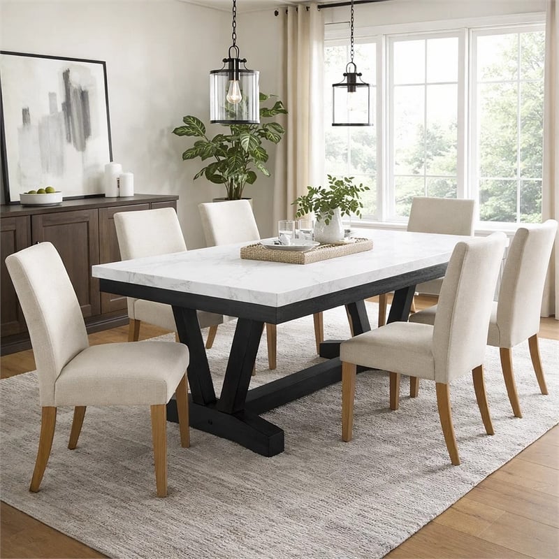 Viem Dining Table-72 Inch Rectangular White Marble Top-Black Open Base