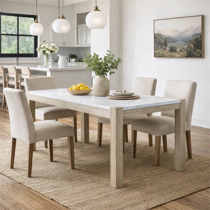 Koji Dining Table-66 Inch White Marble Top-Light Brown Wood Legs