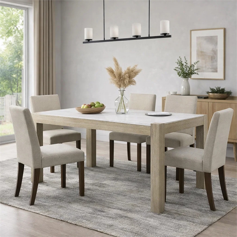 Koji Dining Table-66 Inch White Marble Top-Light Brown Wood Legs