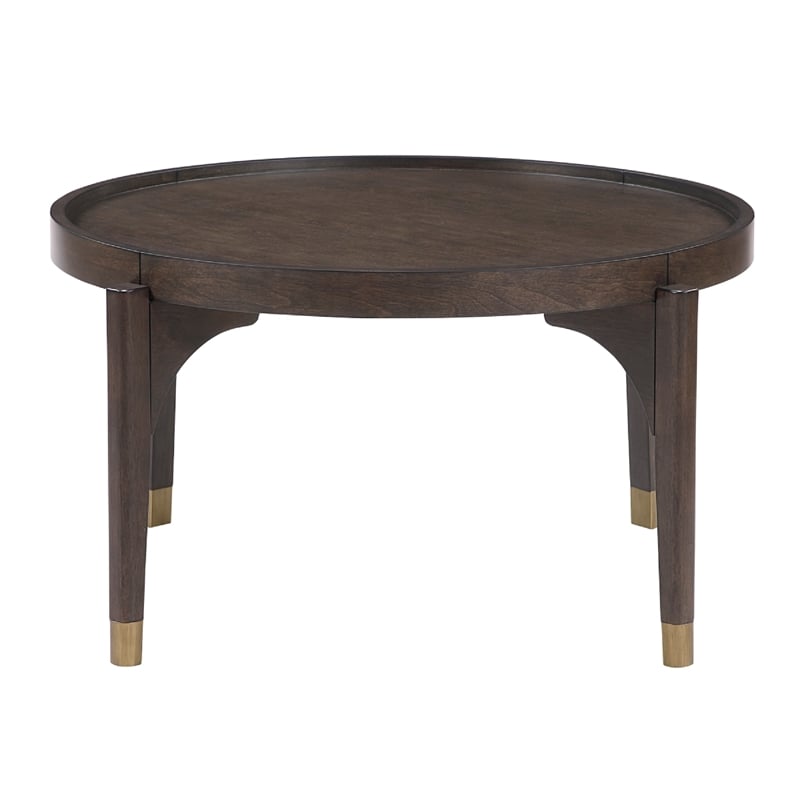 Coffee Table- 36 Inch Round Top- Gold Capped Legs- Dark Brown