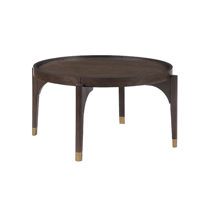 Coffee Table- 36 Inch Round Top- Gold Capped Legs- Dark Brown