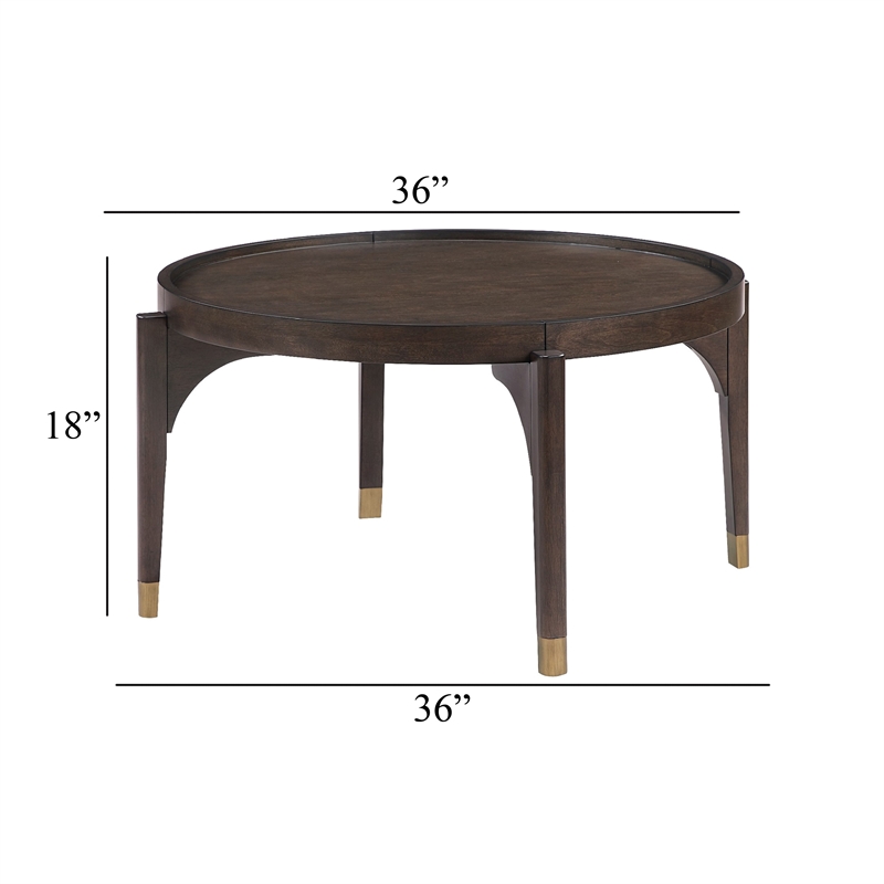Coffee Table- 36 Inch Round Top- Gold Capped Legs- Dark Brown