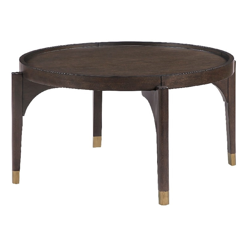 Coffee Table- 36 Inch Round Top- Gold Capped Legs- Dark Brown