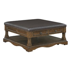 Coffee Table- 39 Inch Brown Faux Leather Top- 4 Drawers and Shelf