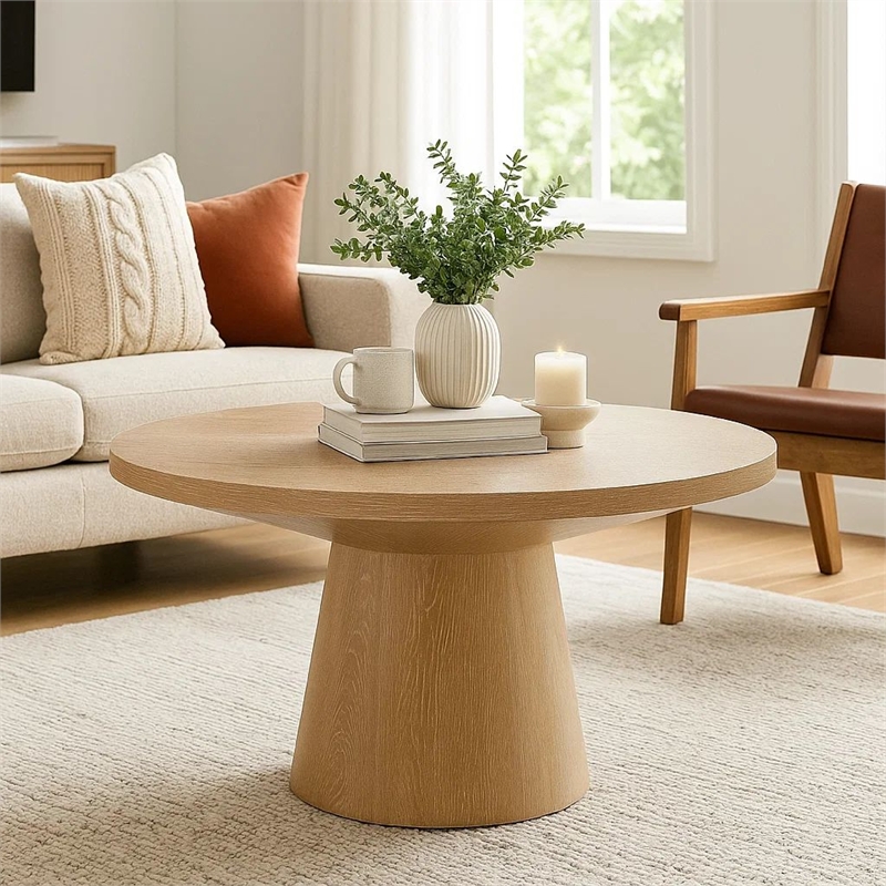 Coffee Table- Pedestal Base- 29 Inch Round Top in Oak Brown