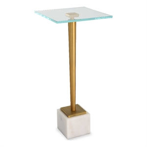 Accent Table- 11 Inch Square Glass Top- White Marble- Retro Brass
