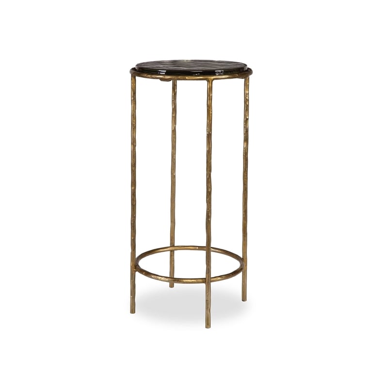 Accent Table- 12 Inch Round Recycled Glass Top- Gold Iron Frame