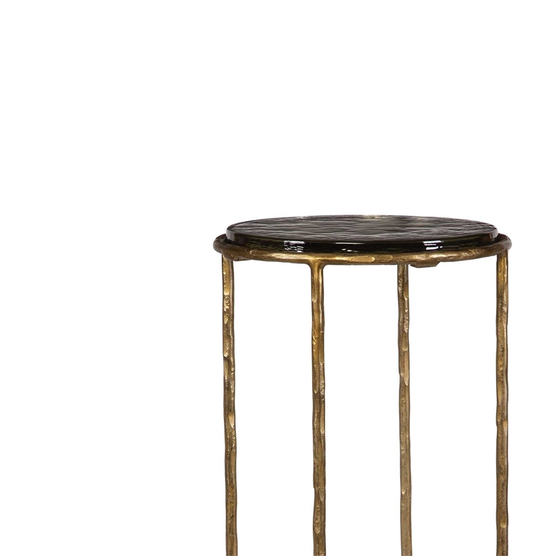 Accent Table- 12 Inch Round Recycled Glass Top- Gold Iron Frame