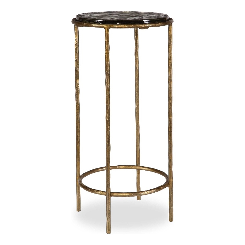 Accent Table- 12 Inch Round Recycled Glass Top- Gold Iron Frame