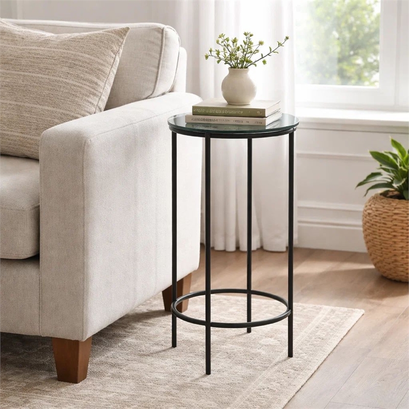 Accent Table- 12 Inch Round Recycled Glass Top- Black Iron Frame