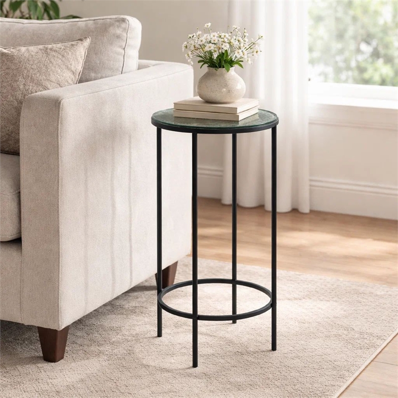 Accent Table- 12 Inch Round Recycled Glass Top- Black Iron Frame