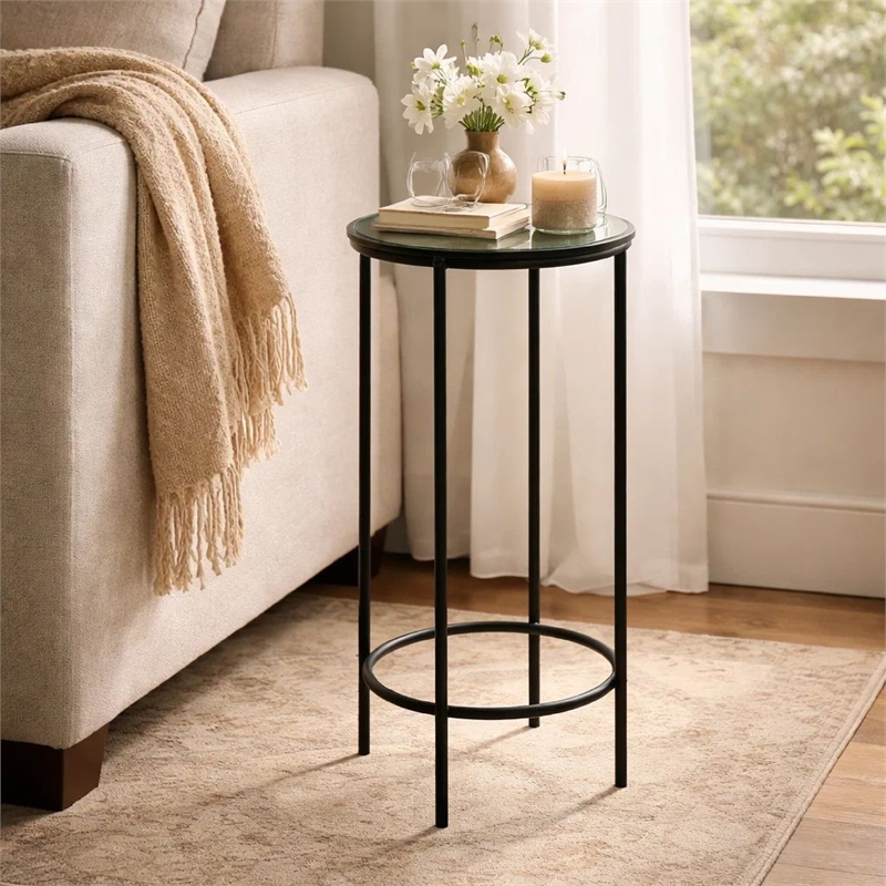Accent Table- 12 Inch Round Recycled Glass Top- Black Iron Frame