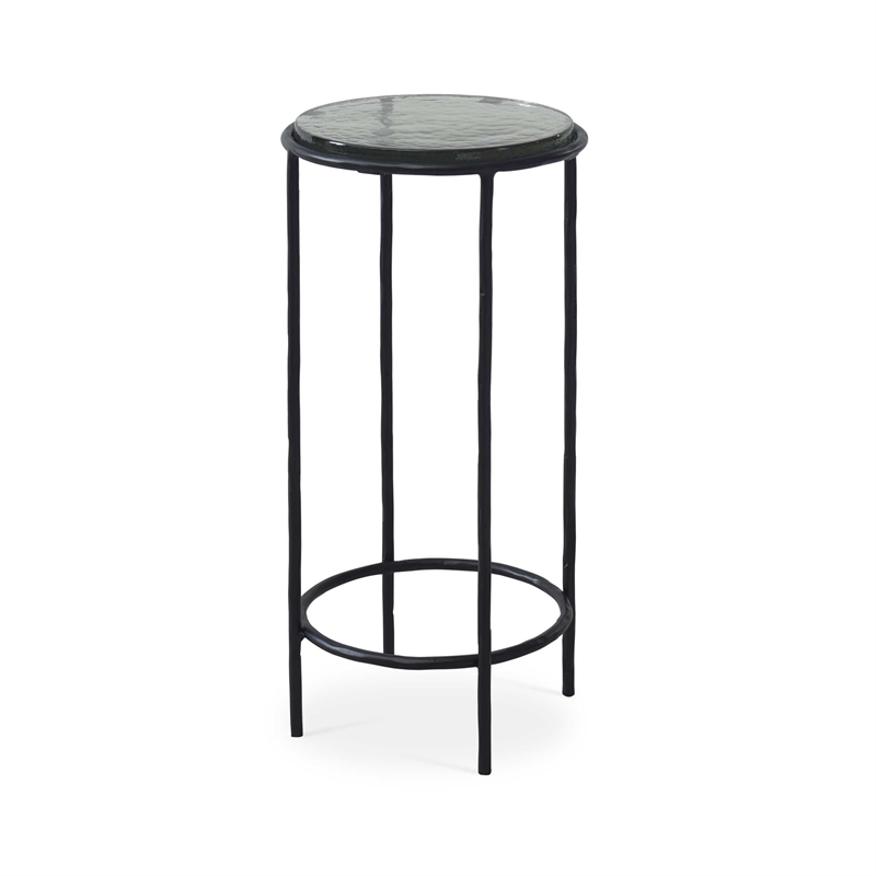 Accent Table- 12 Inch Round Recycled Glass Top- Black Iron Frame