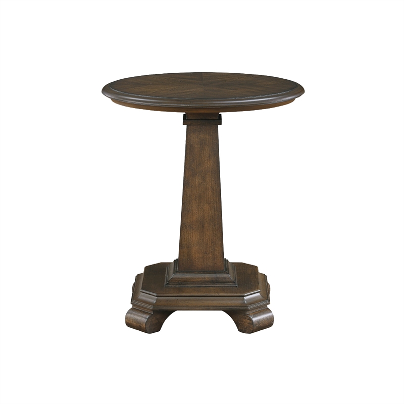 Side End Table- 22 Inch Round Top- Tapered Pedestal Base- Brown