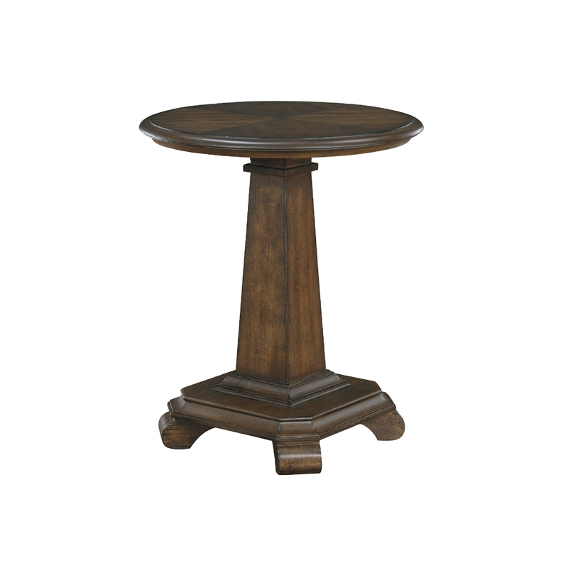 Side End Table- 22 Inch Round Top- Tapered Pedestal Base- Brown