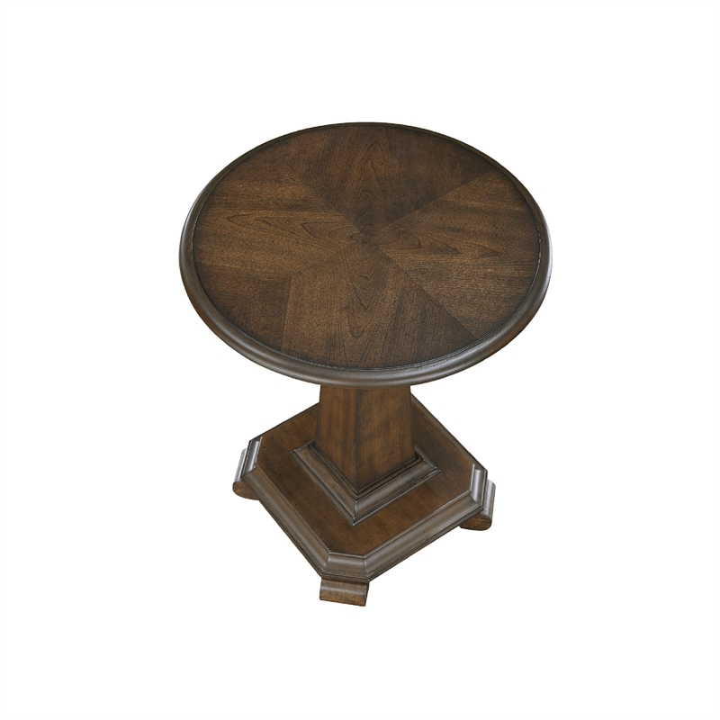 Side End Table- 22 Inch Round Top- Tapered Pedestal Base- Brown