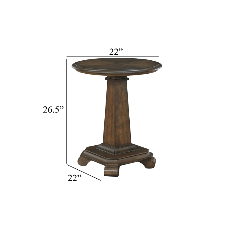 Side End Table- 22 Inch Round Top- Tapered Pedestal Base- Brown