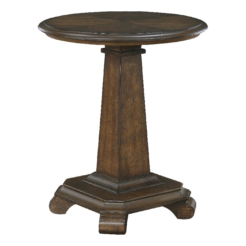 Side End Table- 22 Inch Round Top- Tapered Pedestal Base- Brown