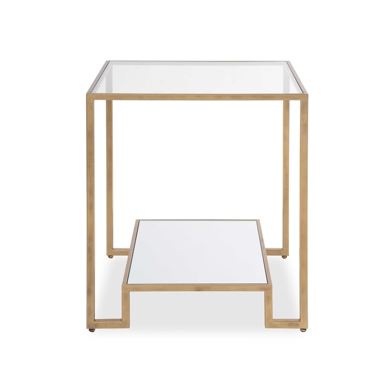 Side End Table- 20 Inch Square Glass Top- Open Shelf- Antique Gold