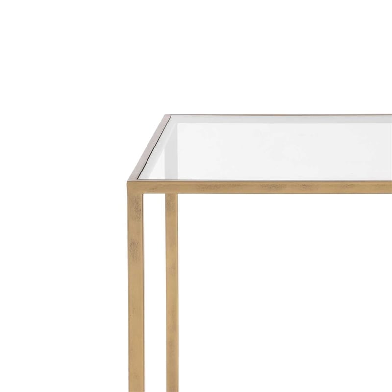 Side End Table- 20 Inch Square Glass Top- Open Shelf- Antique Gold