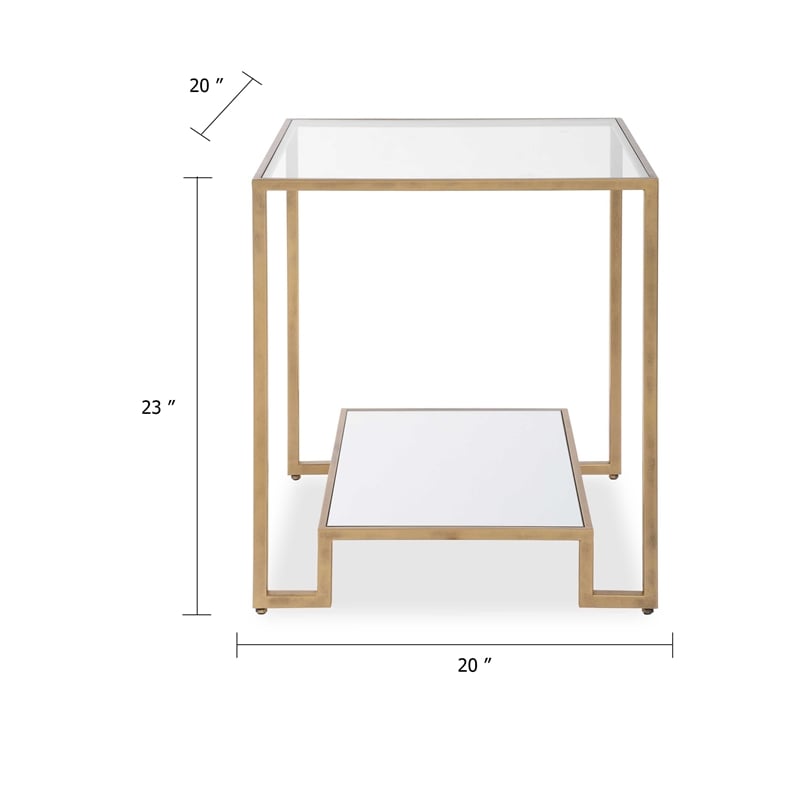 Side End Table- 20 Inch Square Glass Top- Open Shelf- Antique Gold