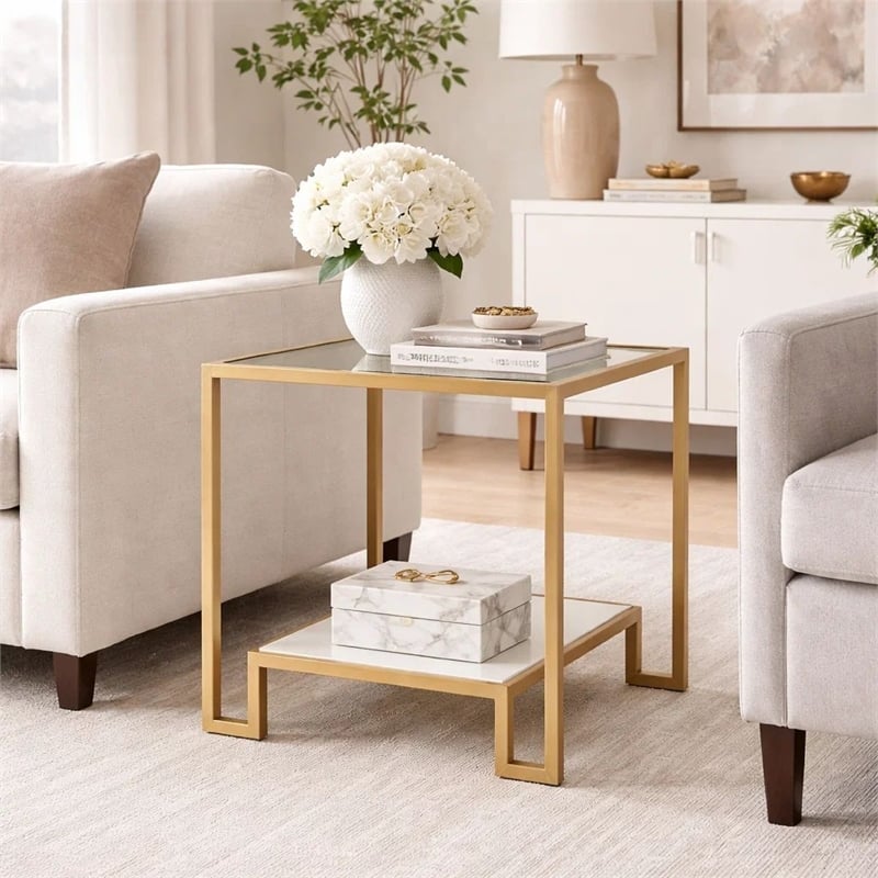 Side End Table- 20 Inch Square Glass Top- Open Shelf- Antique Gold