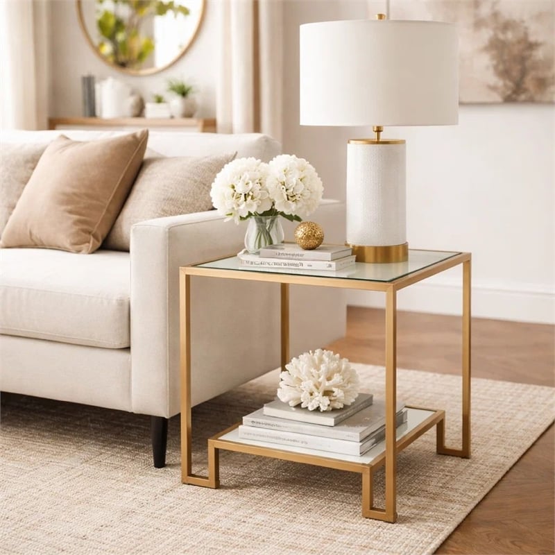 Side End Table- 20 Inch Square Glass Top- Open Shelf- Antique Gold
