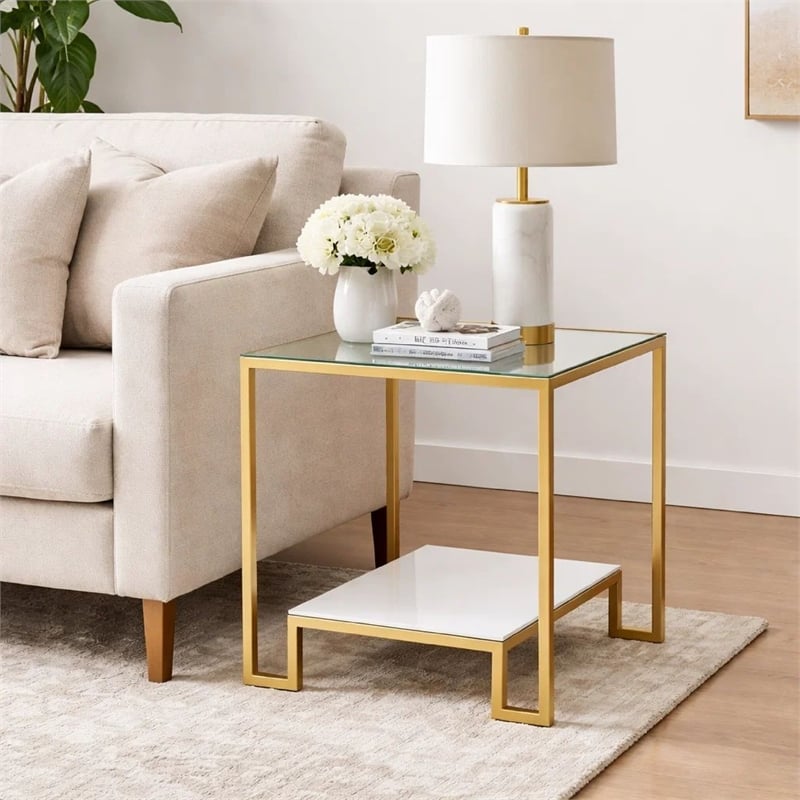 Side End Table- 20 Inch Square Glass Top- Open Shelf- Antique Gold