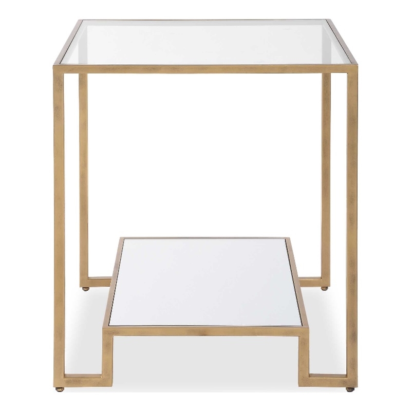 Side End Table- 20 Inch Square Glass Top- Open Shelf- Antique Gold