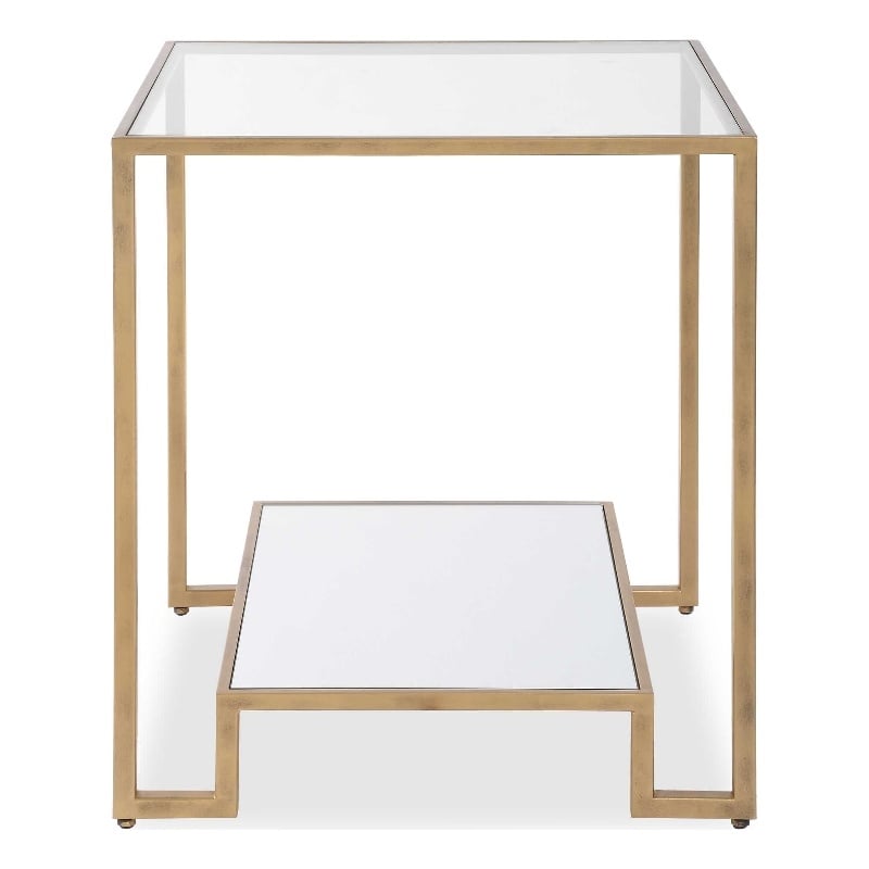 Side End Table- 20 Inch Square Glass Top- Open Shelf- Antique Gold