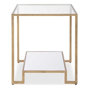 Side End Table- 20 Inch Square Glass Top- Open Shelf- Antique Gold