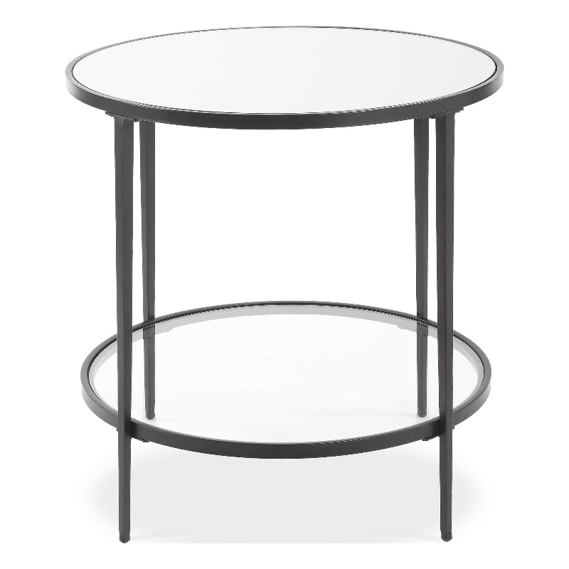 Side End Table- 24 Inch Round Mirrored Top- Open Shelf- Black