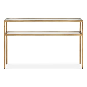Sofa Console Table w Open Shelf- 48 Inch Glass Top- Gold Iron