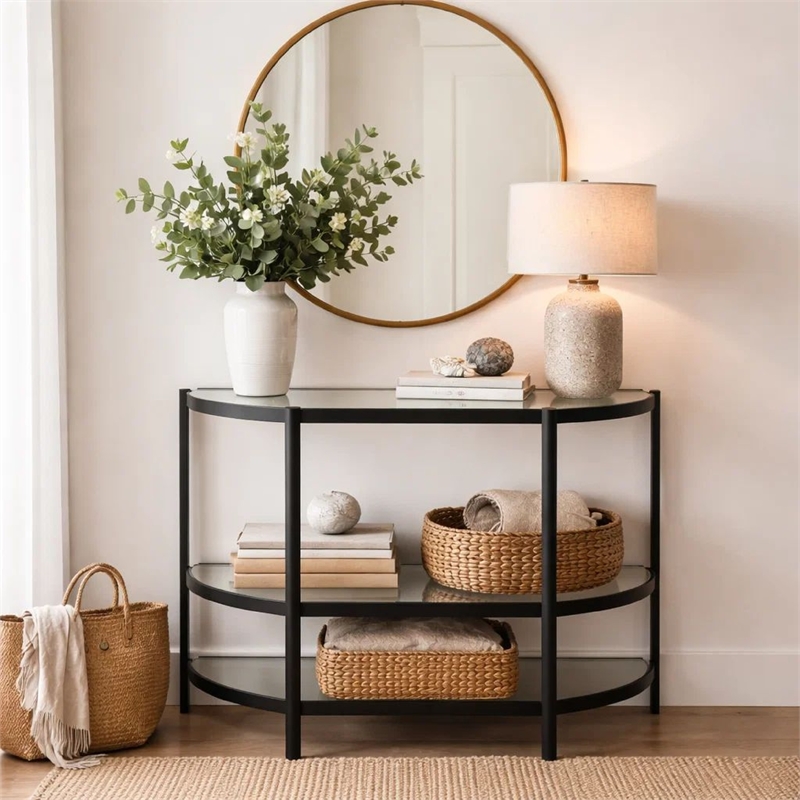 Sofa Console Table- 36 Inch Glass Top- 1 Open Shelf- Black Iron