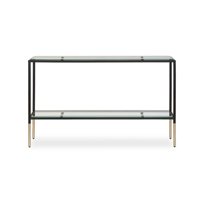 Sofa Console Table- 48 Inch Glass Top- 1 Shelf- Modern Black Iron