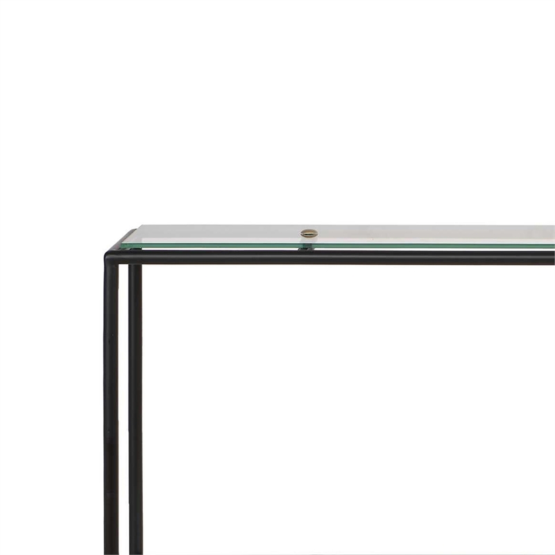 Sofa Console Table- 48 Inch Glass Top- 1 Shelf- Modern Black Iron